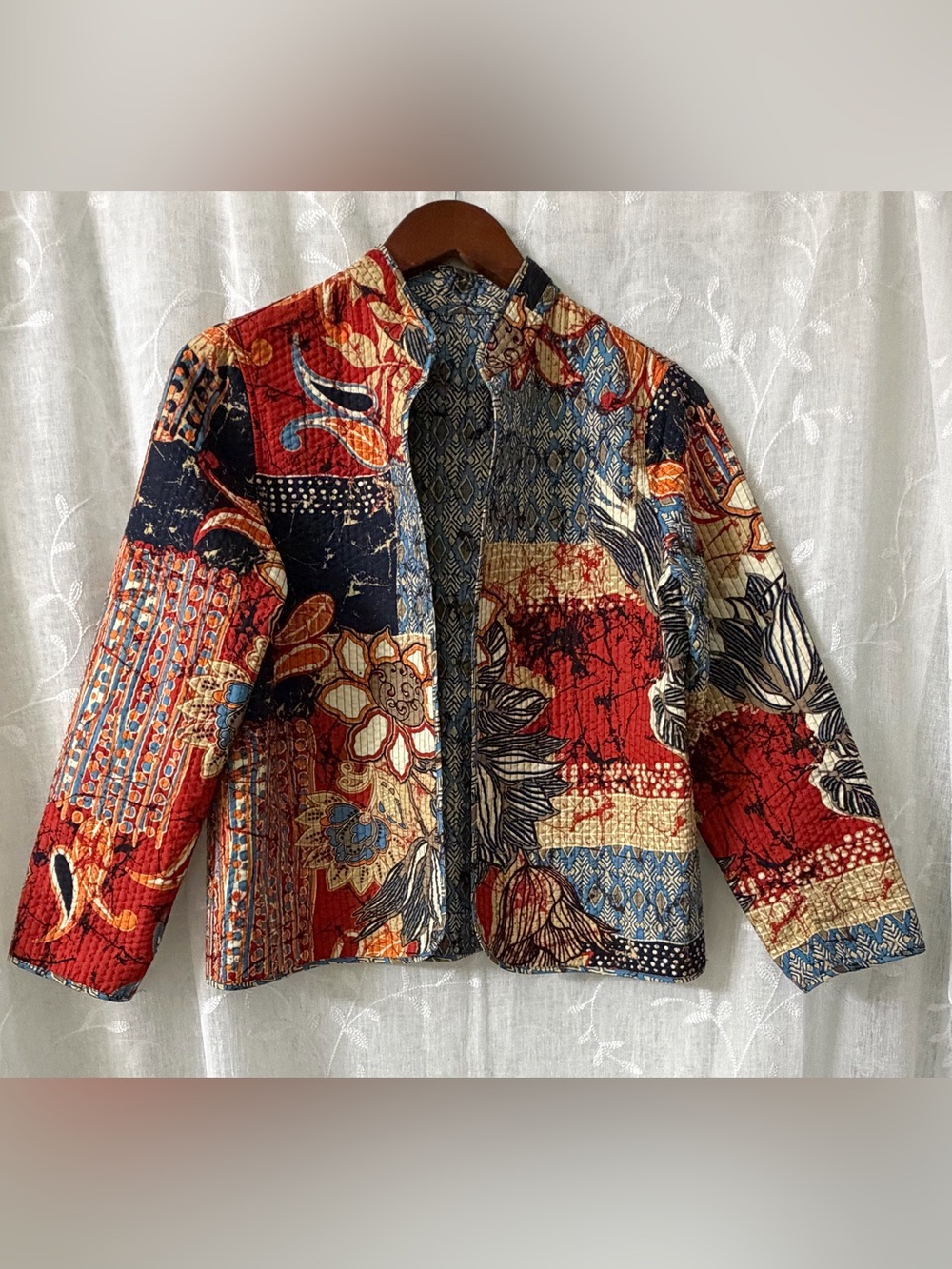 Printed Patchwork Open-Front Jacket - Blue & Red Reversible Small